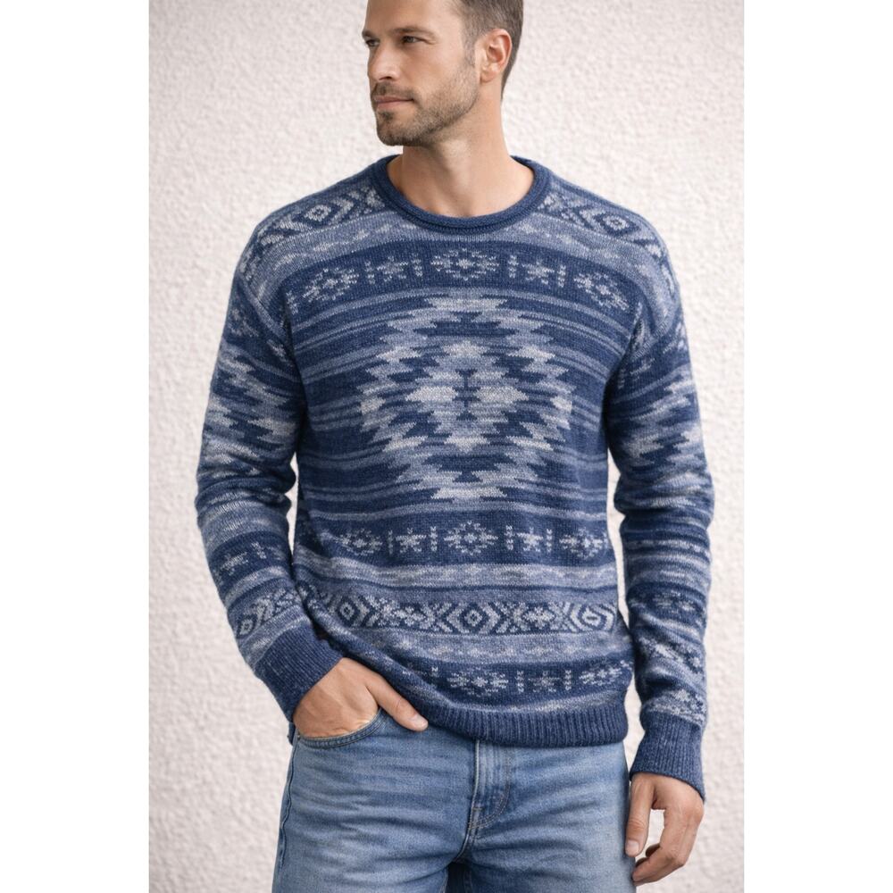Polo Ralph Lauren Blue Pattern Knit Sweater Mens Medium Cotton Linen